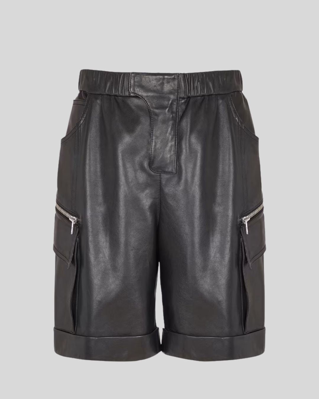 Black leather cargo shorts men front view with zipper pockets and rolled hems