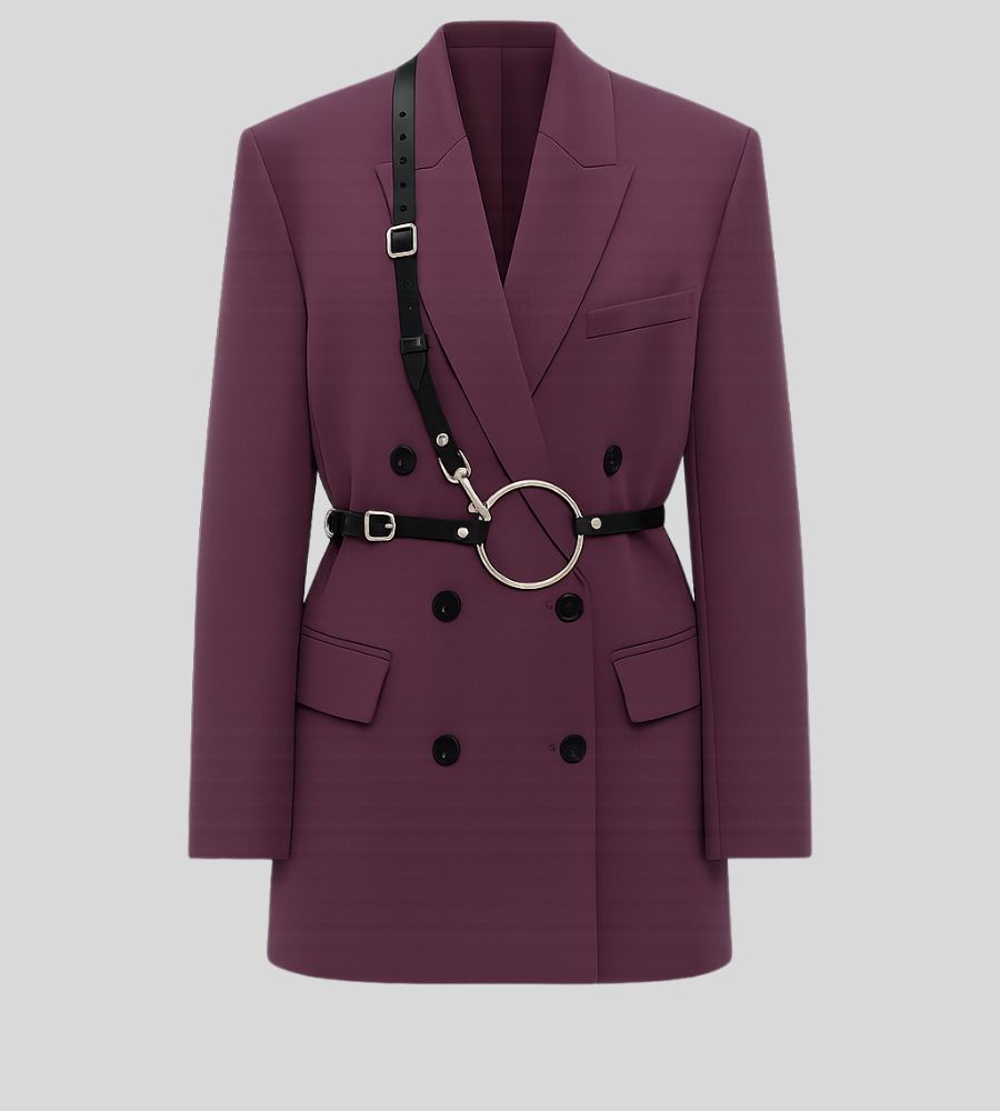 woman wearing black leather O-ring harness over purple blazer