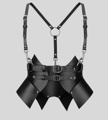 front view of black leather harness corset for women