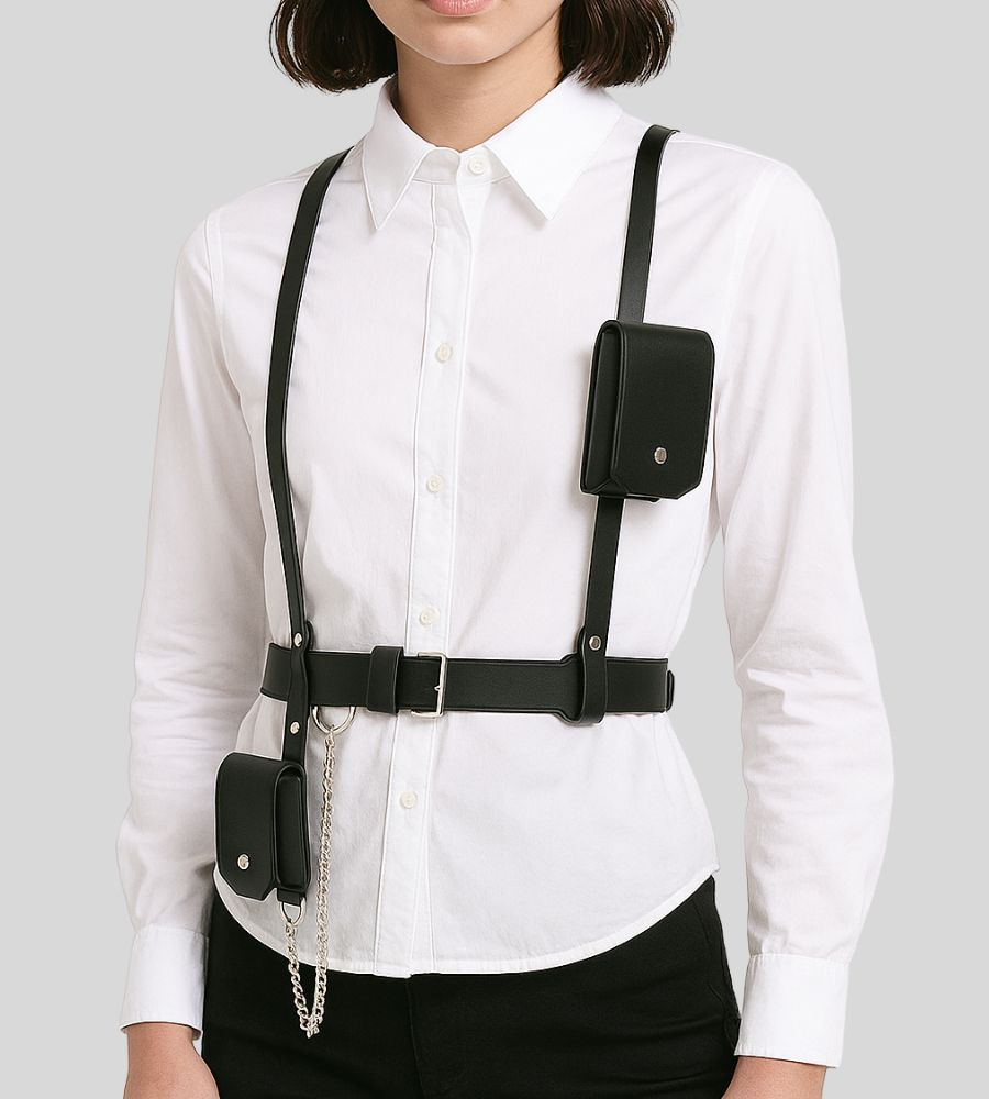 Front profile of leather harness with silver chain hanging