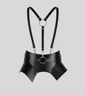 rear profile of black leather corset harness