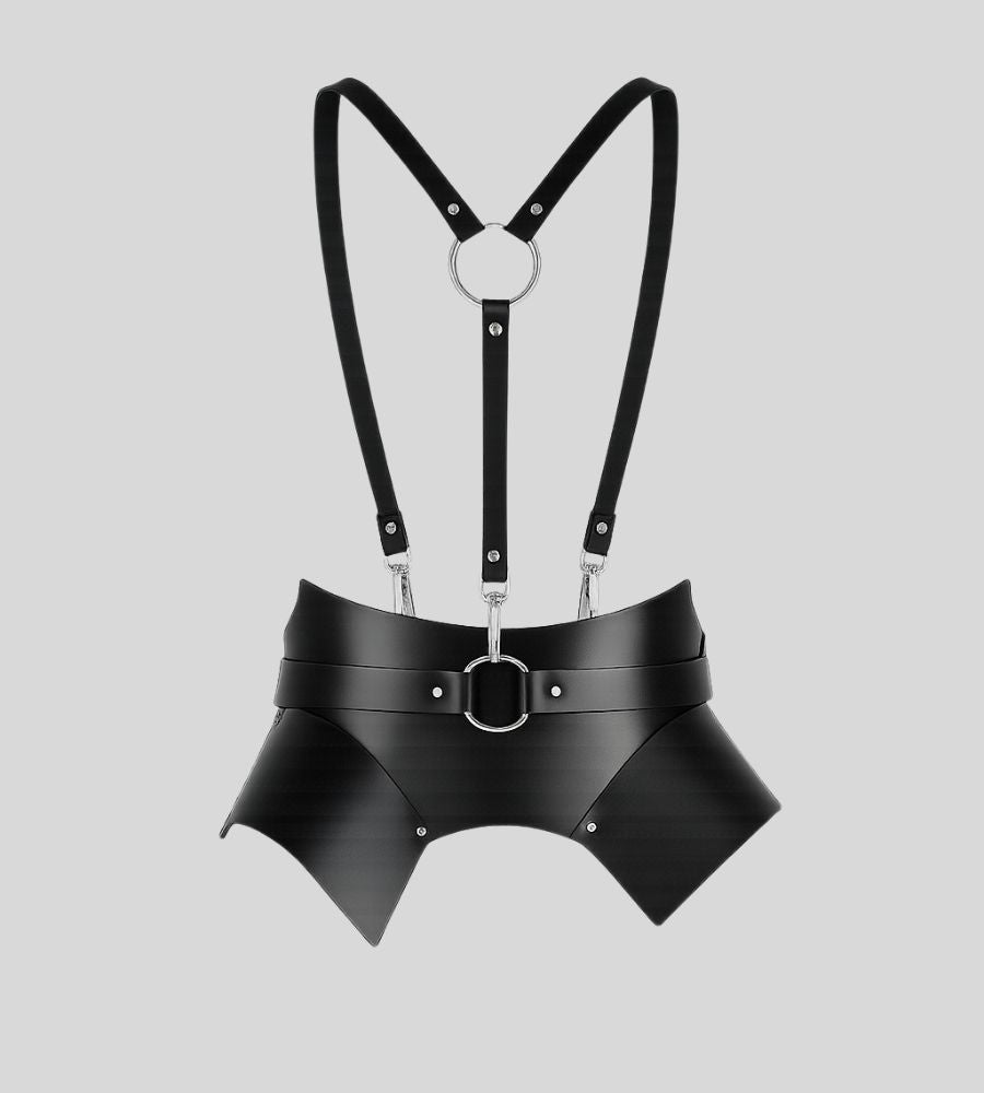 rear profile of black leather corset harness