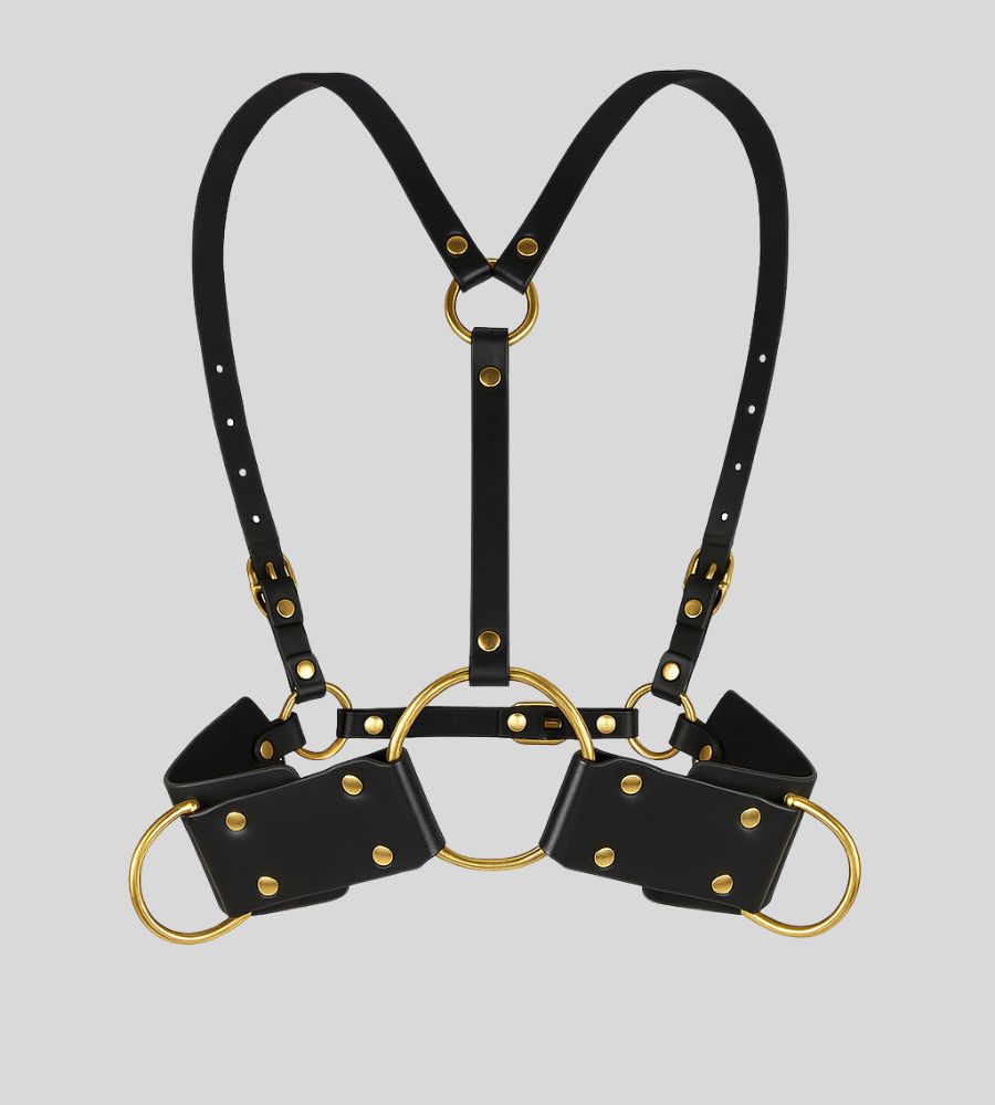 rear view of gothic leather harness with adjustable straps