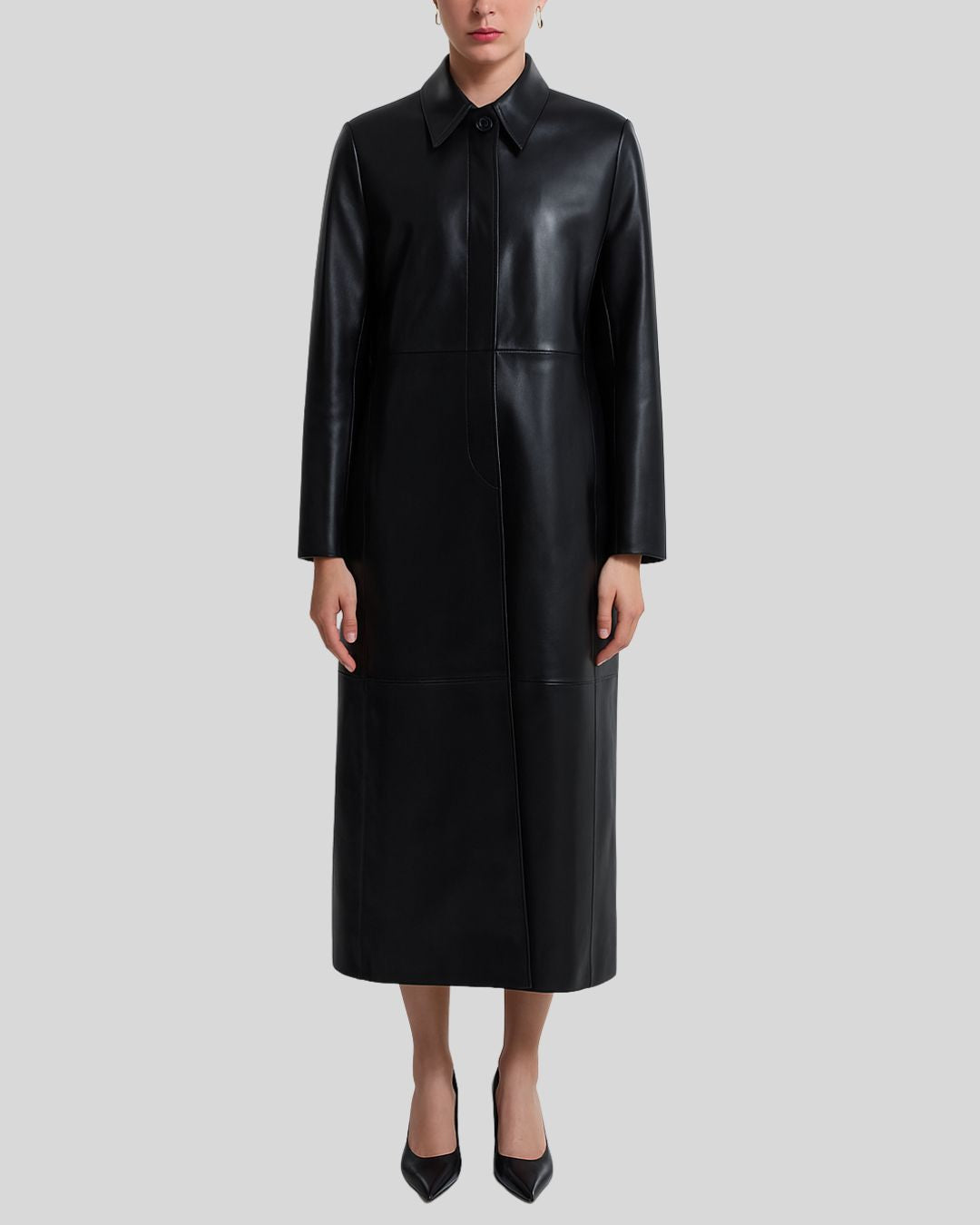 Black leather trench coat for women – full front view