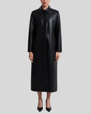 Black leather trench coat for women – full front view