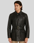 Front view of black leather safari jacket with belt
