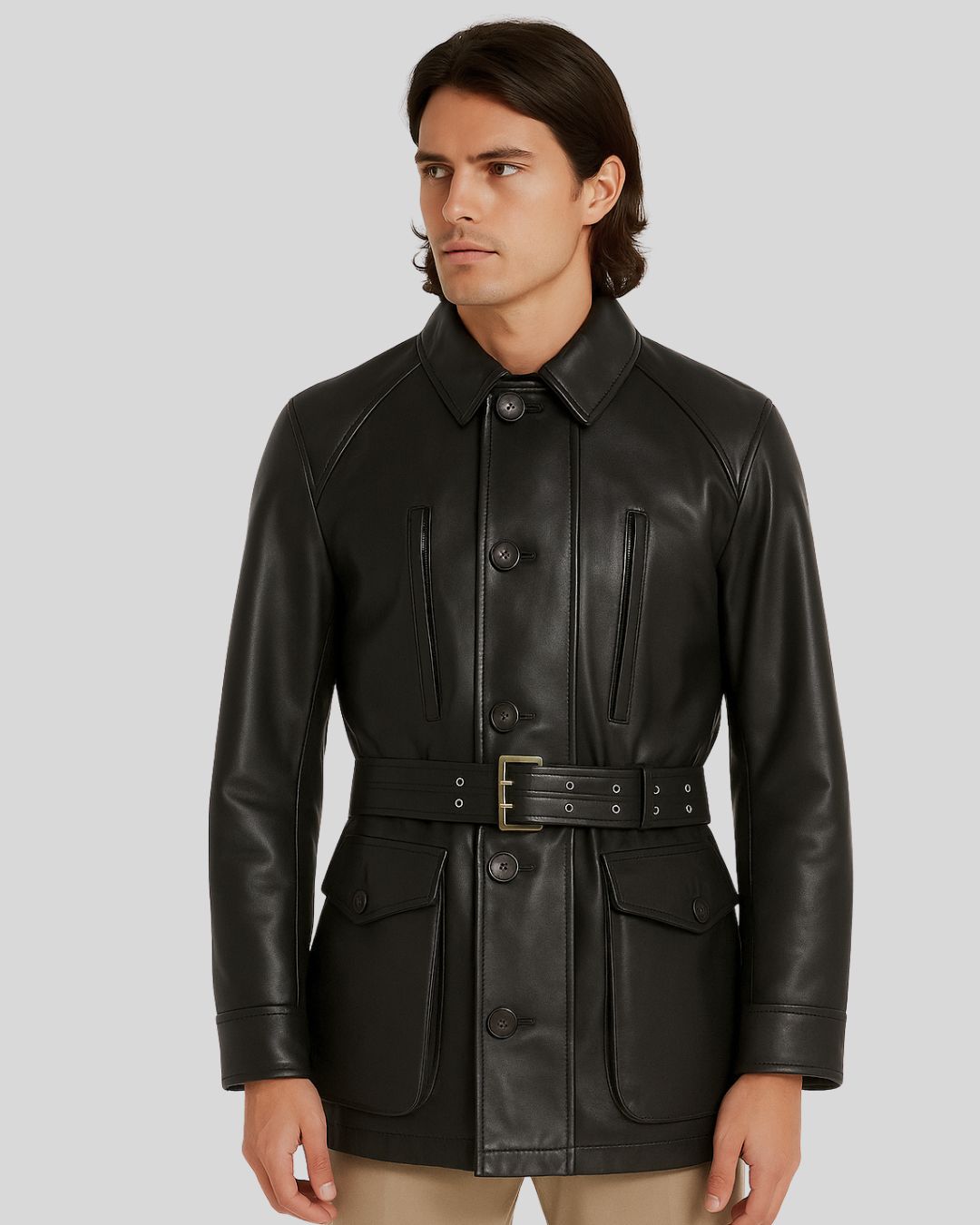 Front view of black leather safari jacket with belt