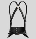 back view of black leather waist corset harness with buckle closure