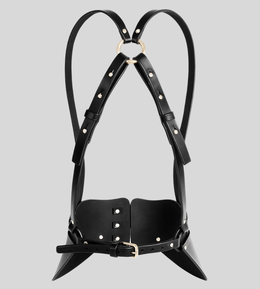 back view of black leather waist corset harness with buckle closure