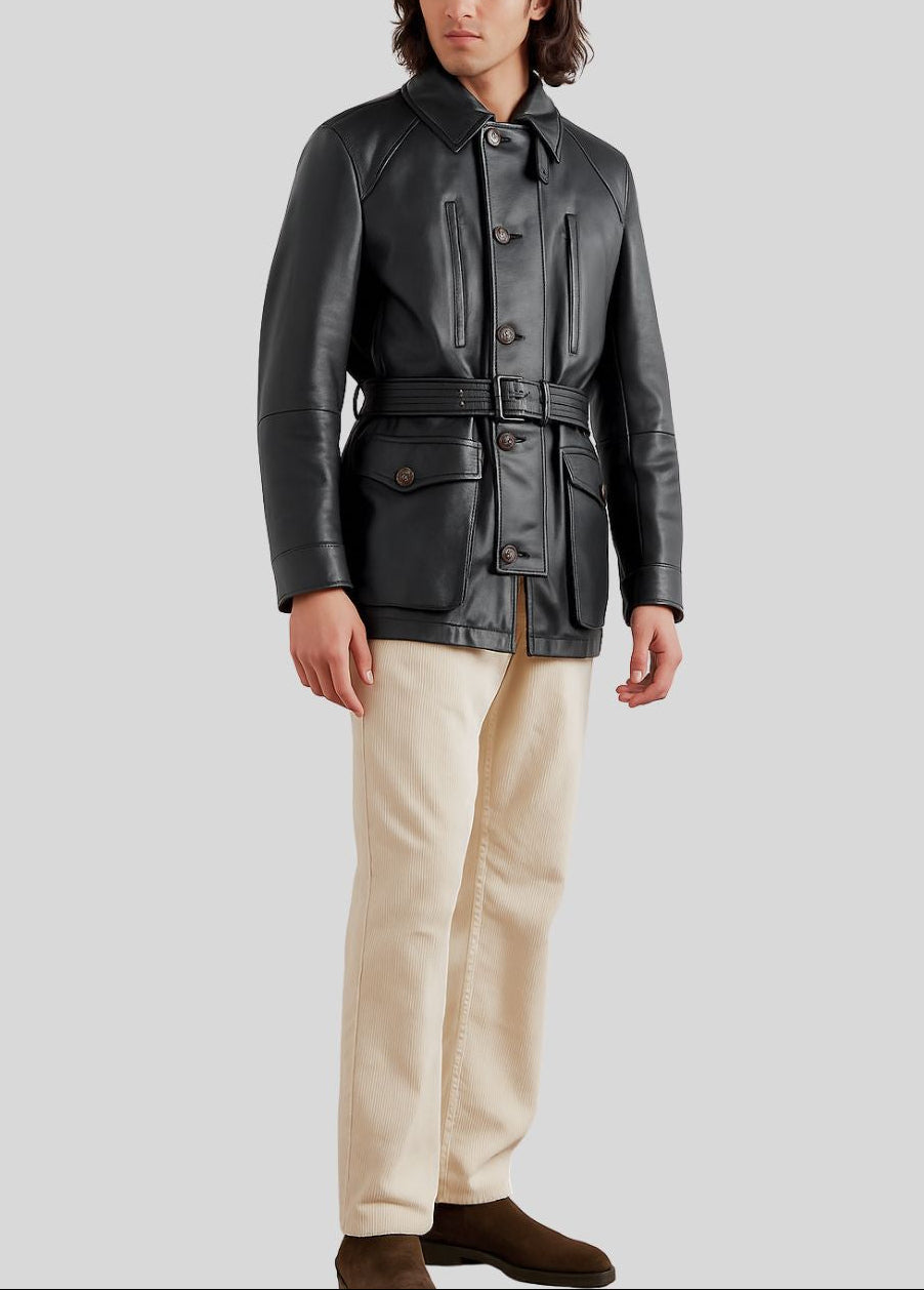Front view of black leather safari jacket with belt