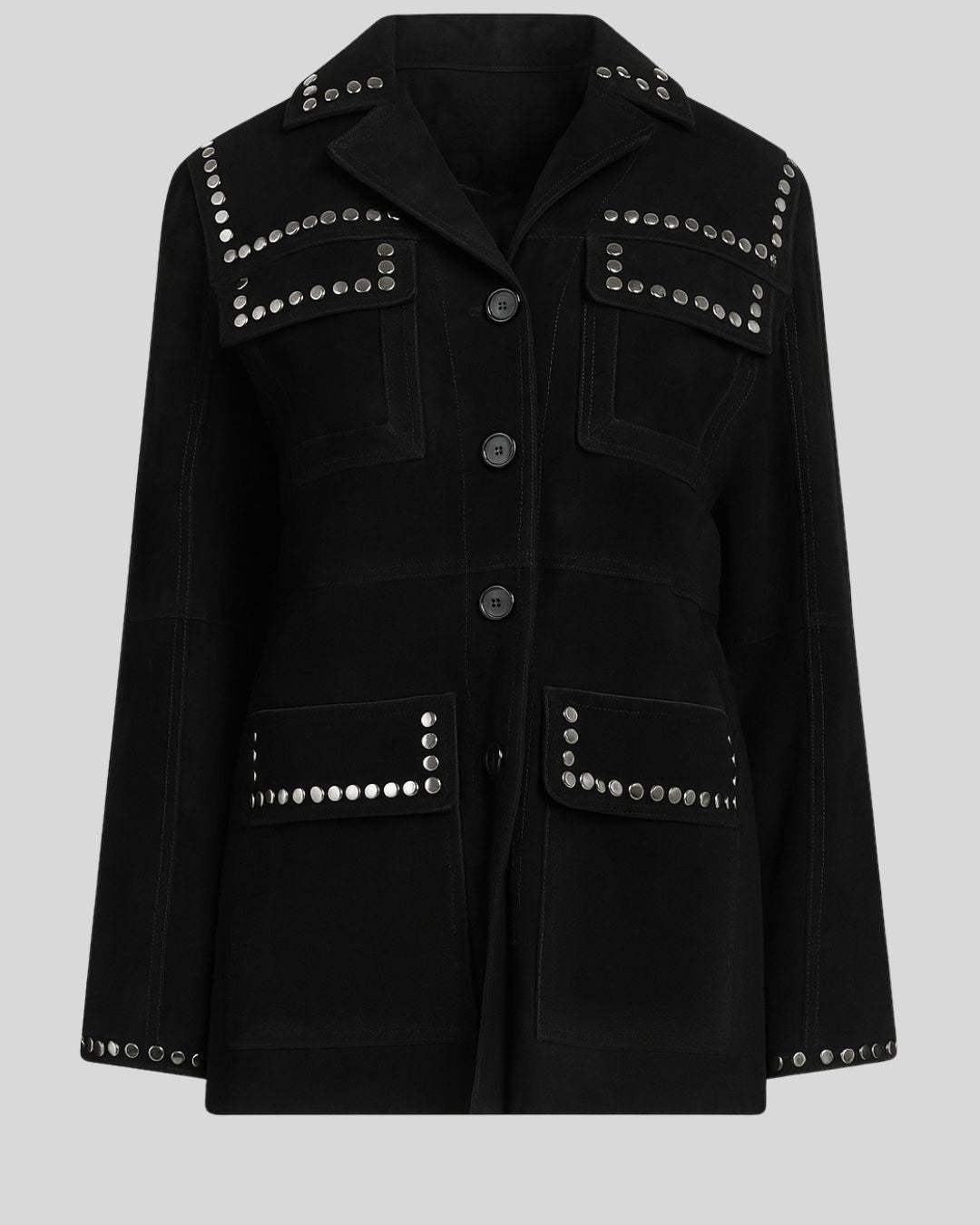 Black jacket with silver studded details on a light gray background