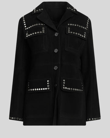 Black jacket with silver studded details on a light gray background