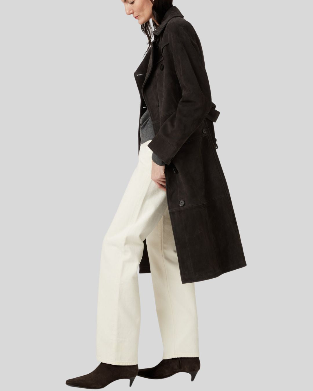  black suede trench coat with belt and notched lapels front view


