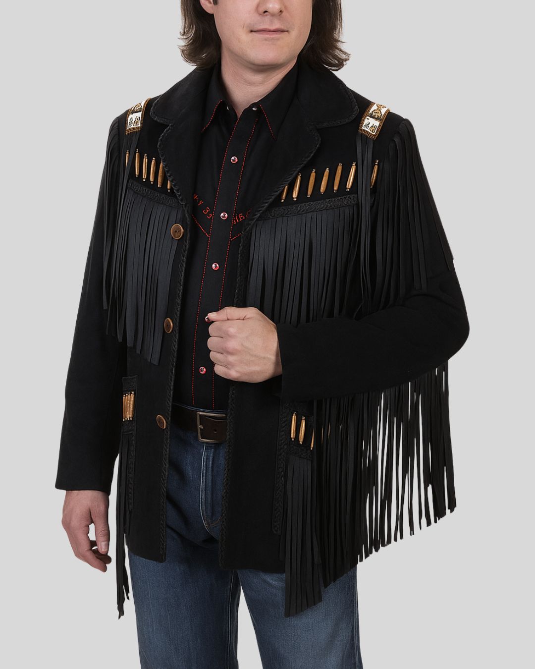 Retro cowboy suede fringe jacket men front view