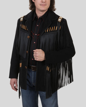 Retro cowboy suede fringe jacket men front view