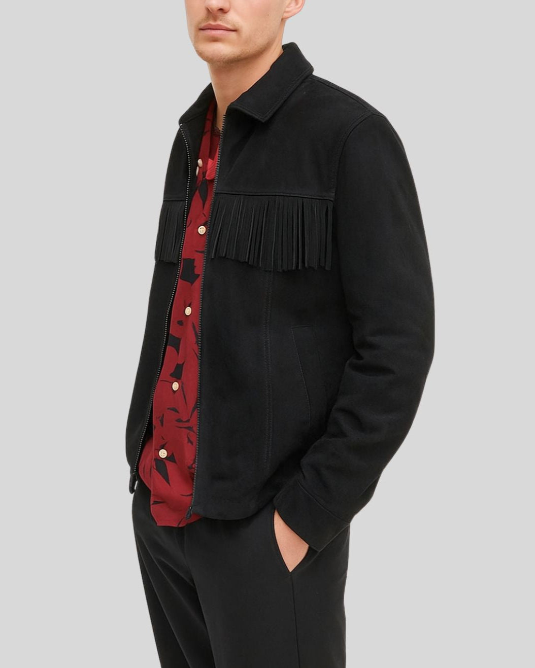 Front view of men’s black suede fringe overshirt