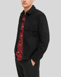 Side profile of black suede fringe jacket for men