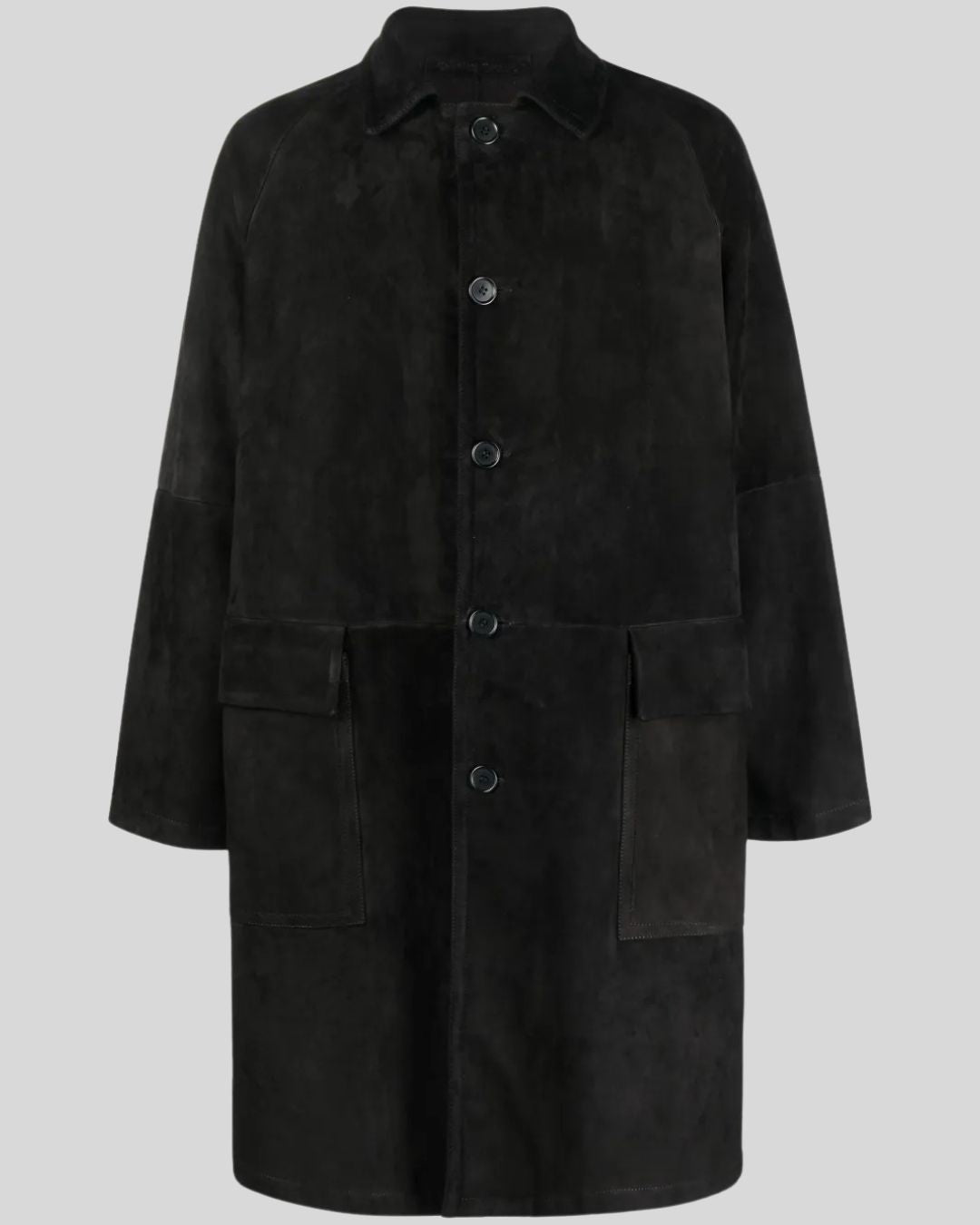 Men's black suede long coat front view