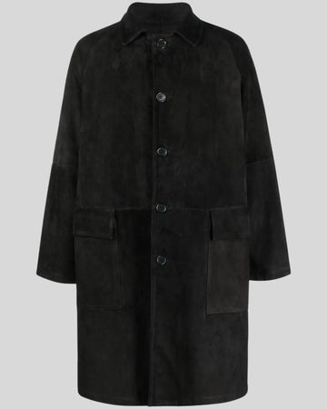 Men's black suede long coat front view