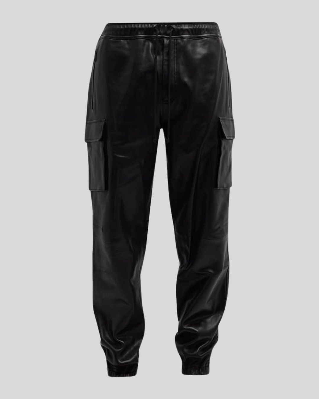  black leather cargo pants front view – Blackout Jet Pants