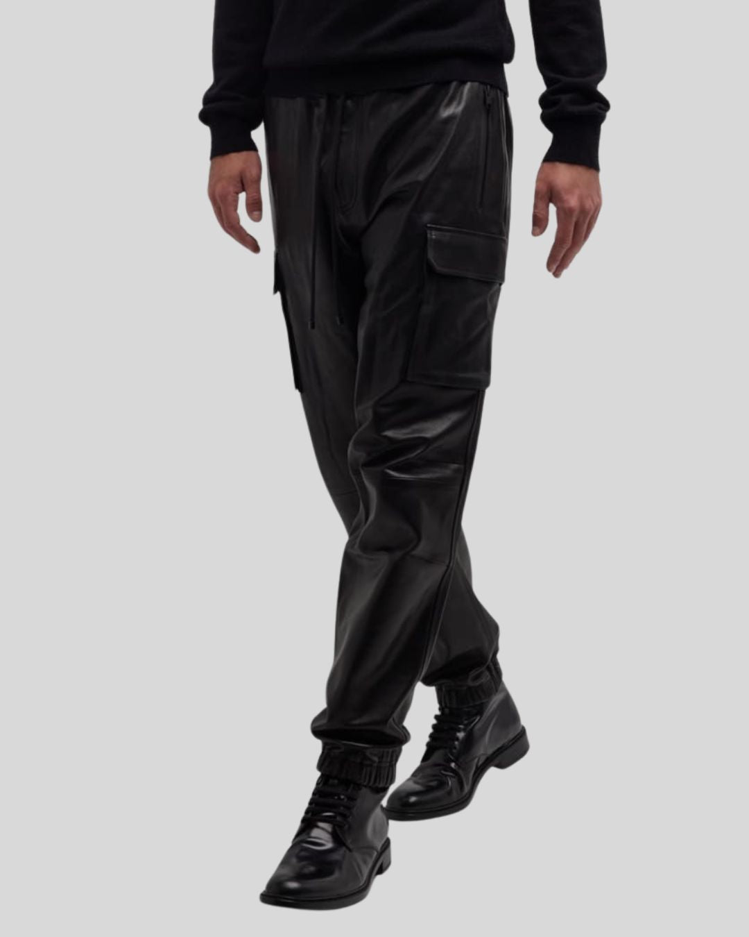 styled walking look in black leather cargo pants – Blackout Jet