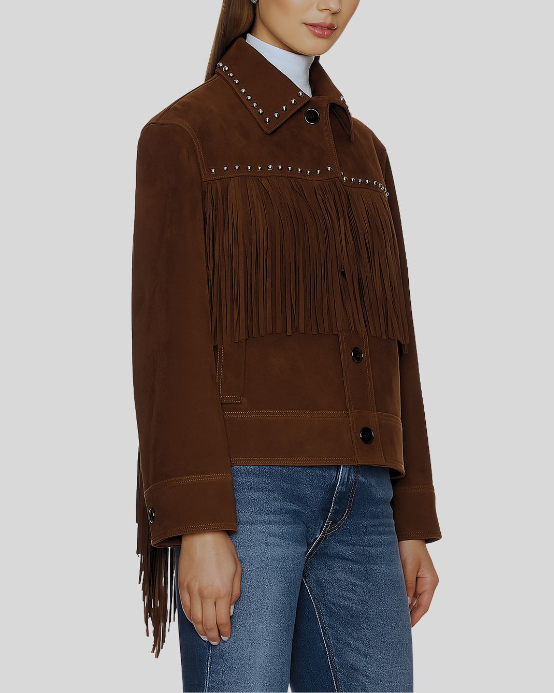  Western fringe jacket women with studded collar and chest fringe