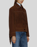 Side profile of cowgirl fringe suede jacket with long suede fringe