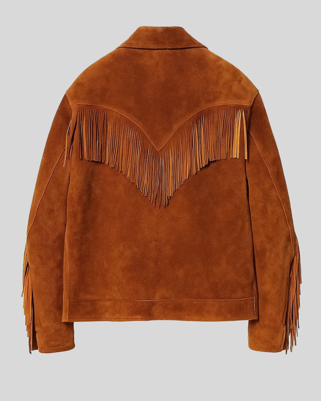 Back view of western suede fringe jacket with V-shaped fringe