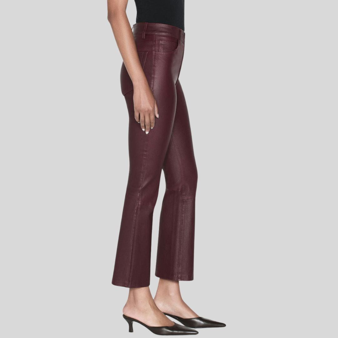 bordeaux luxe leather flare pants burgundy genuine leather front side with model