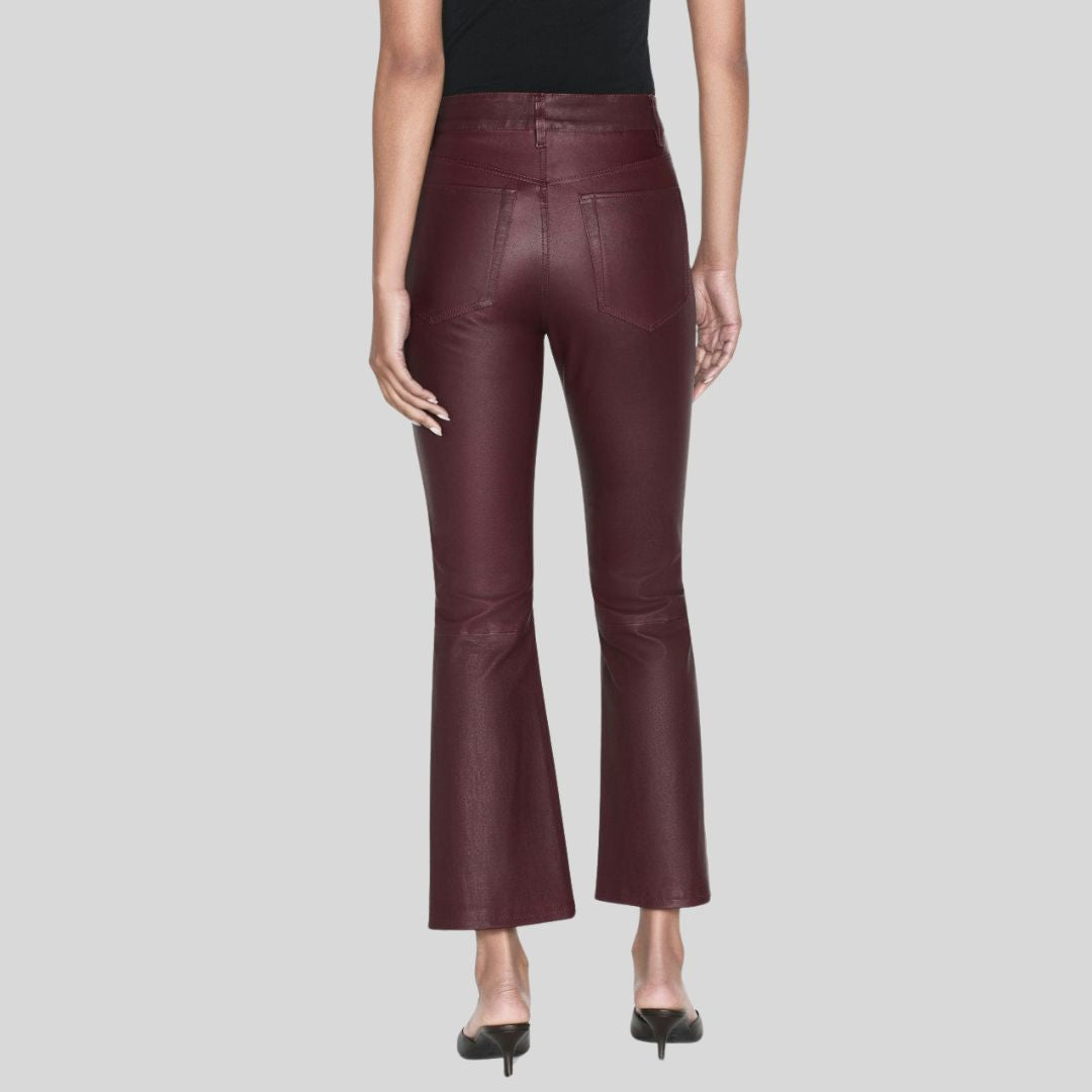 bordeaux luxe leather flare pants burgundy genuine leather front side with model