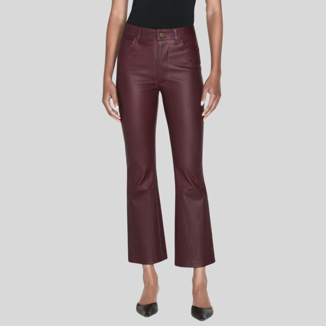 bordeaux luxe leather flare pants burgundy genuine leather front side with model
