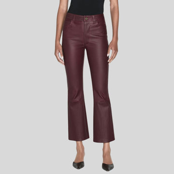 bordeaux luxe leather flare pants burgundy genuine leather front side with model