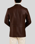 Rear view of men's brown leather blazer with seam detailing