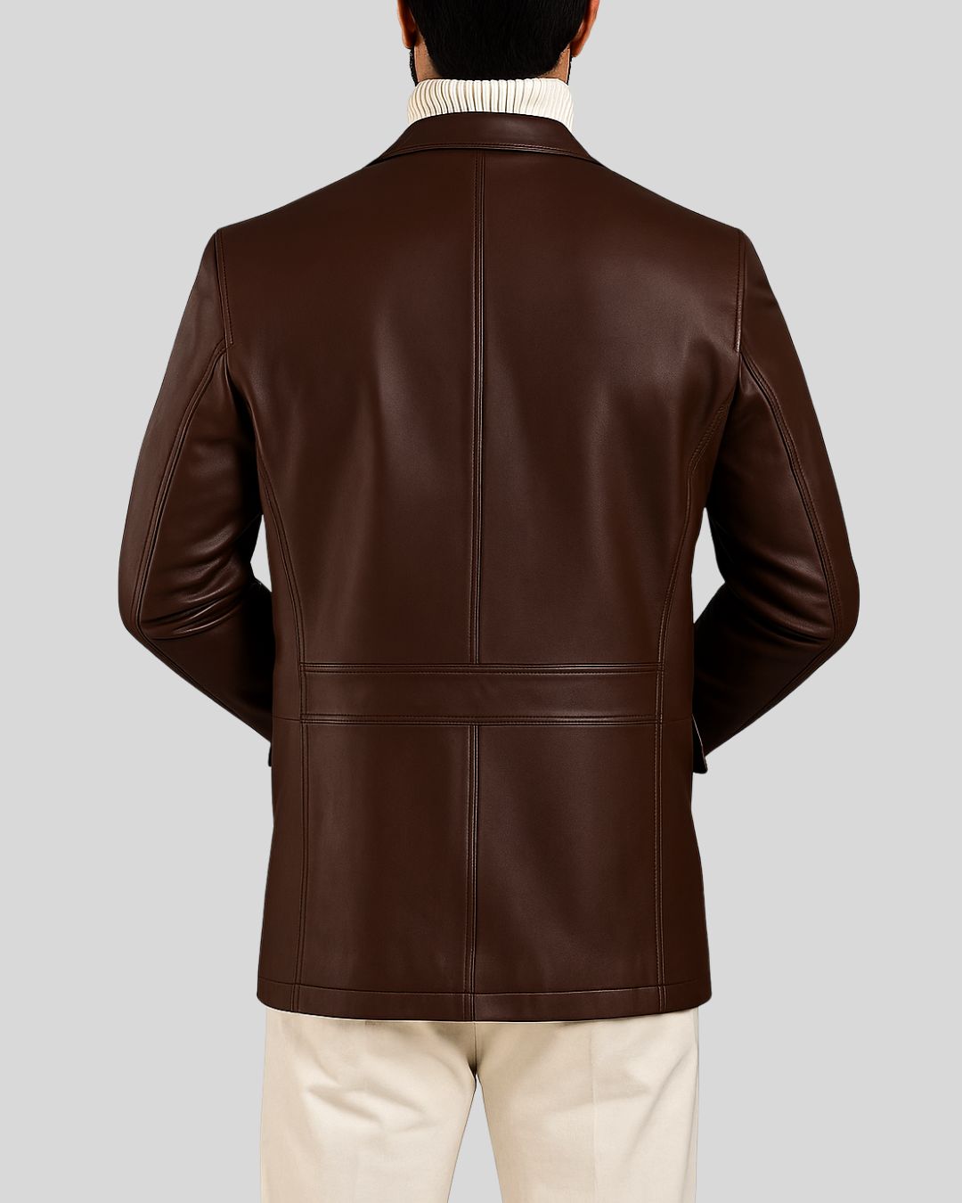 Rear view of men's brown leather blazer with seam detailing