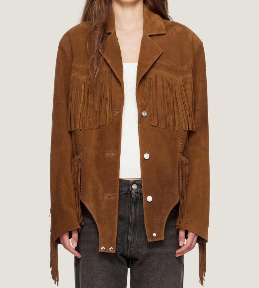  Front view of cowgirl fringe suede jacket in brown with silver snap buttons and sculpted hem