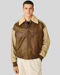 Brown Shearling Collar Leather Jacket for Men Front View