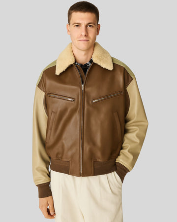 Brown Shearling Collar Leather Jacket for Men Front View