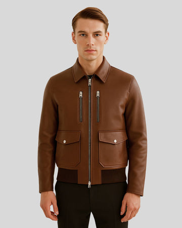 UrbanCore Mens Designer Brown Leather Utility Bomber Jacket