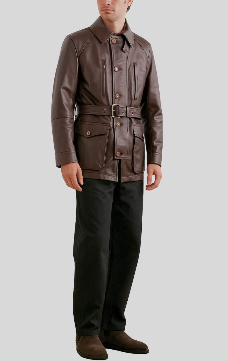 Man in chocolate safari coat – close-up of collar and chest pockets