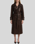 Front view of brown leather trench coat for women with belt and double-breasted closure