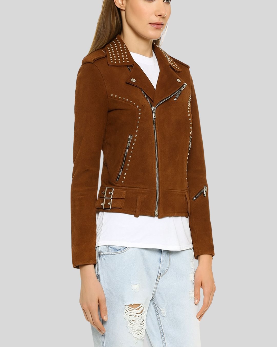 Front view of brown suede biker jacket with silver studs and asymmetrical zip
