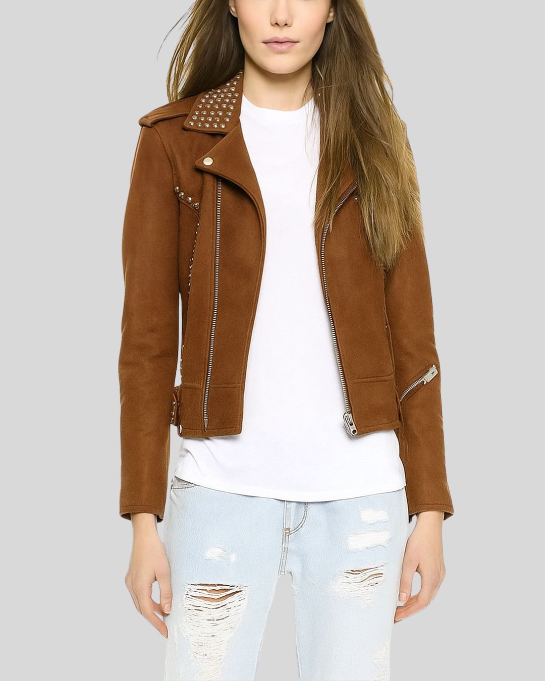 Front view of brown suede biker jacket with silver studs and asymmetrical zip