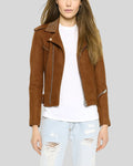 Front view of brown suede biker jacket with silver studs and asymmetrical zip