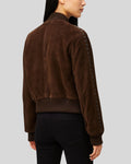 Back of dark brown suede bomber jacket with ribbed hem