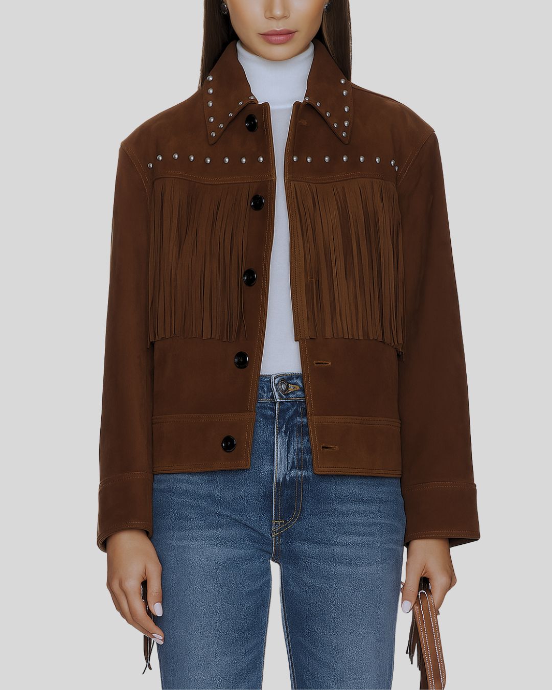  Western fringe jacket women with studded collar and chest fringe