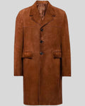 Front view of brown suede trench coat for mens