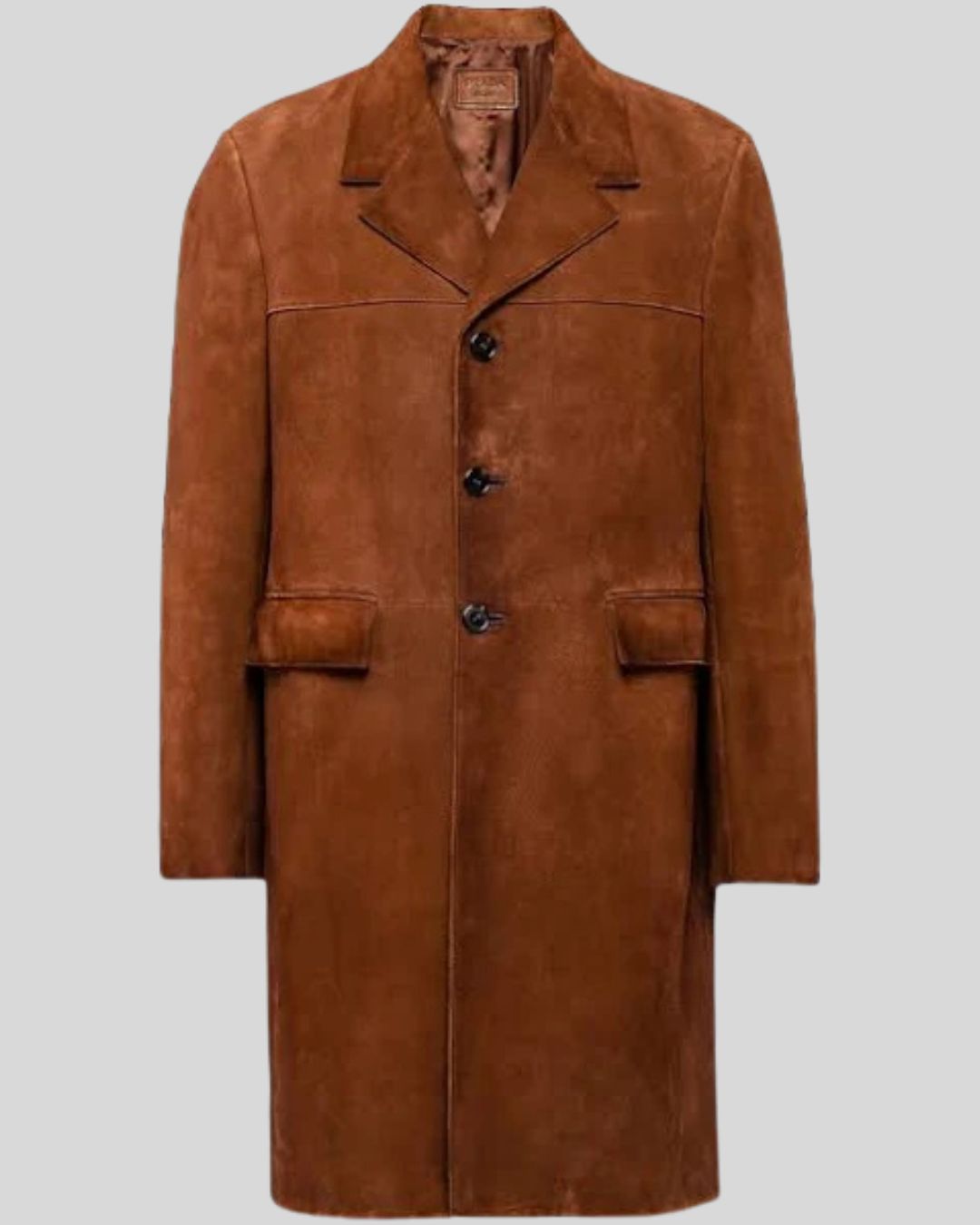 Front view of brown suede trench coat for mens