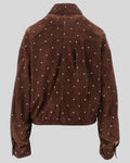 Back view of brown suede bomber jacket with studded embellishments