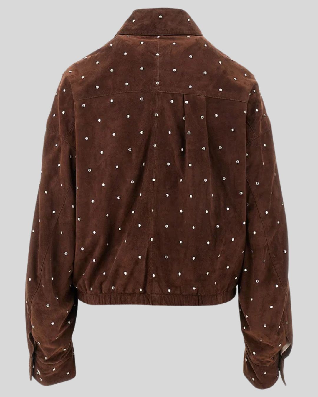 Back view of brown suede bomber jacket with studded embellishments
