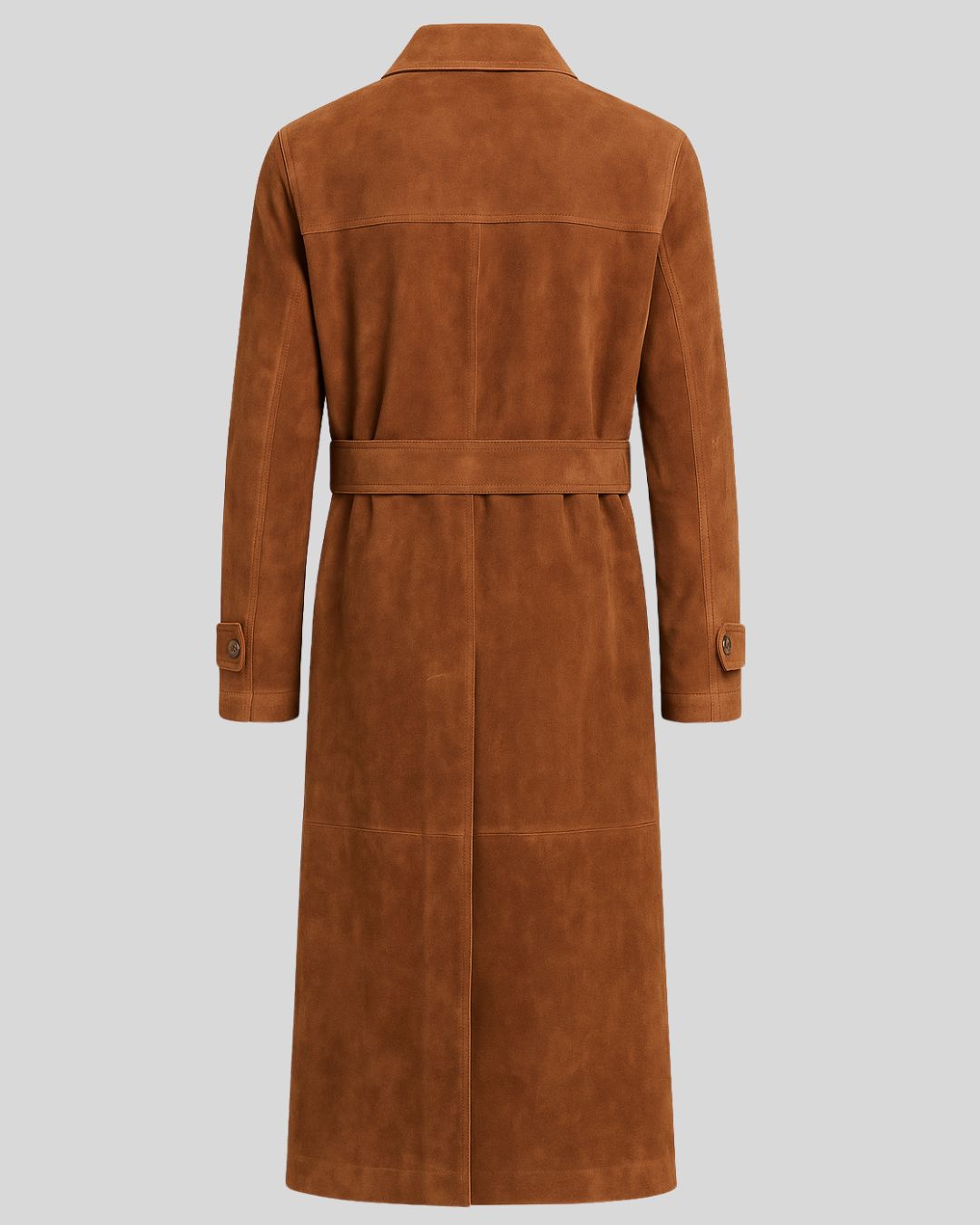 Brown suede trench coat for men – front view with belt